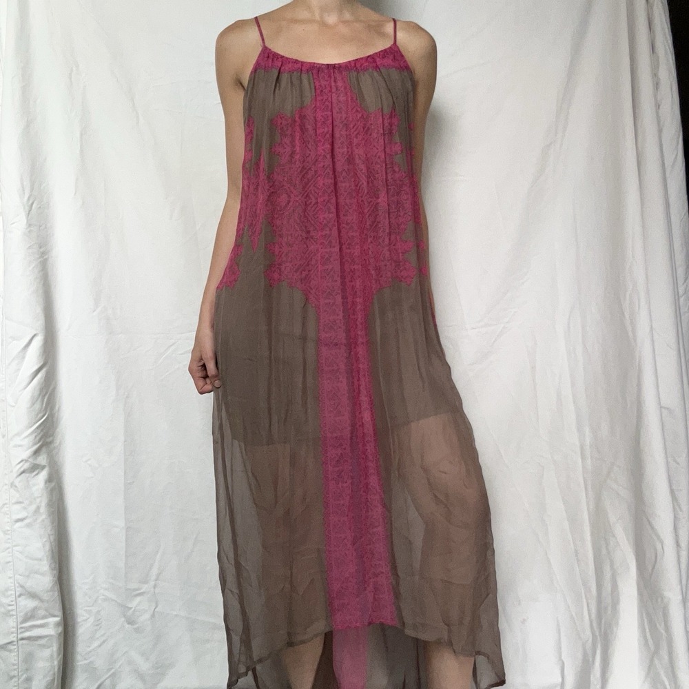 Twelfth Street By Cynthia Vincent Silk Maxi Dress Pink Brown High Low Boho Chic